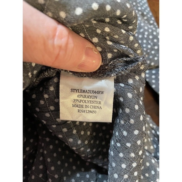 Womens Plus 2X Boho Career Casual Grey Polk Dot Bell Sleeve Lace Up Neck Blouse - Picture 9 of 13